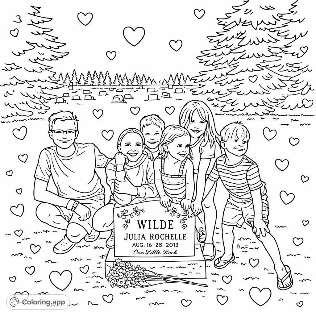 A tender scene depicting children gathered around a memorial stone, symbolizing family bonds and remembrance. Features hearts for a simple, heartfelt coloring experience.