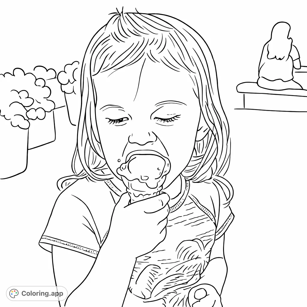 A delightful coloring page featuring a child enjoying a messy ice cream cone. Perfect for little ones to express creativity with a sweet treat! Free printable coloring page for kids.