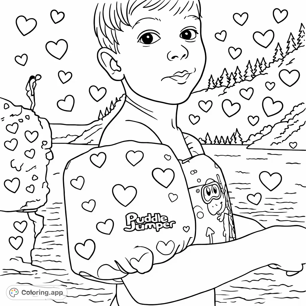 Embark on a lakeside adventure! This simple coloring page features a child in arm floaties, ready to play, with decorative heart patterns and a scenic outdoor background.