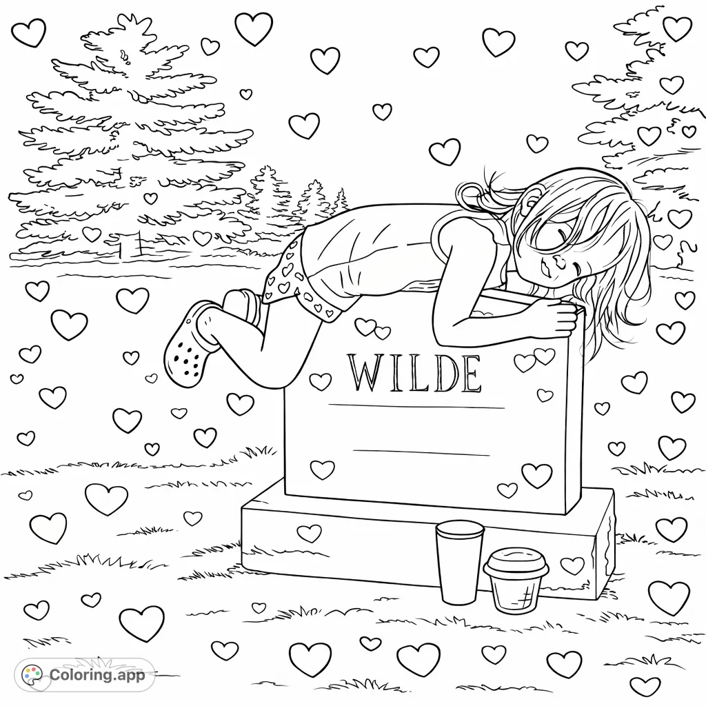 A delightful and simple coloring page featuring a child playfully leaning on a stone marker, surrounded by hearts and nature. Perfect for young colorists!