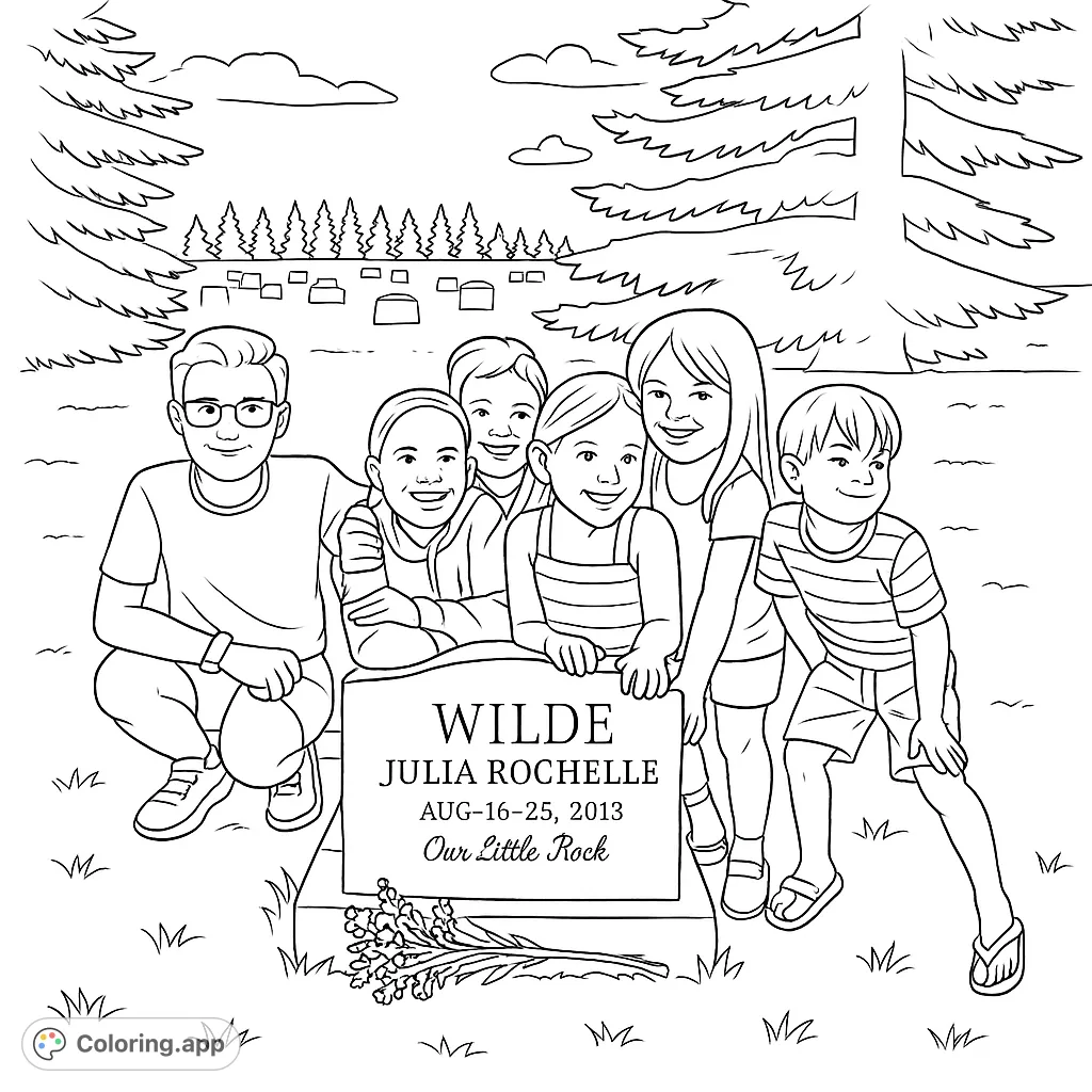 A touching scene of children gathered around a stone marker in a peaceful cemetery setting, offering a reflective and meaningful coloring experience for all ages.