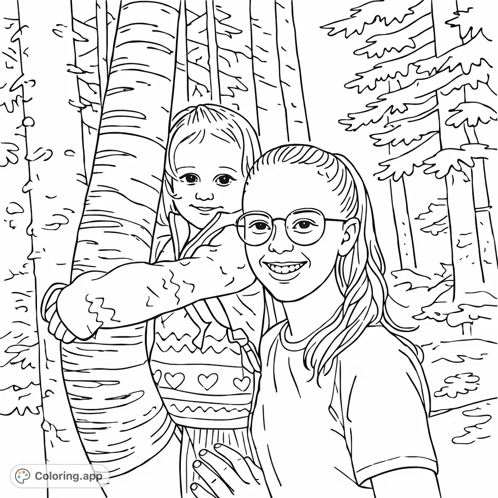 A heartwarming forest scene with two smiling girls, one hugging a unique tree, surrounded by nature. A delightful woodland adventure awaits!