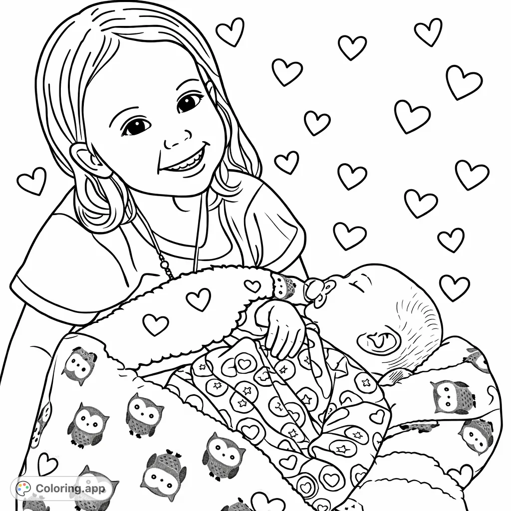 A heartwarming scene of a cheerful young child lovingly cuddling a sleeping baby. Features charming owl and camping patterns, enhanced with decorative hearts.