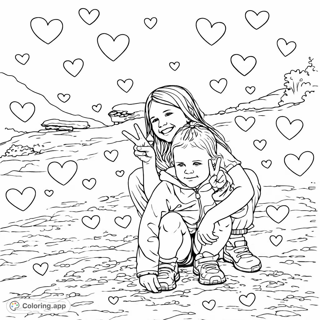 Two happy sisters on a rocky trail, making peace signs and surrounded by lovely heart patterns, perfect for a joyful coloring experience.