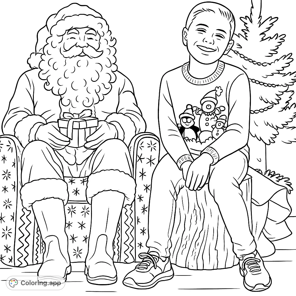 A heartwarming Christmas scene featuring a jolly Santa Claus presenting a gift to a smiling child, surrounded by festive holiday decorations.