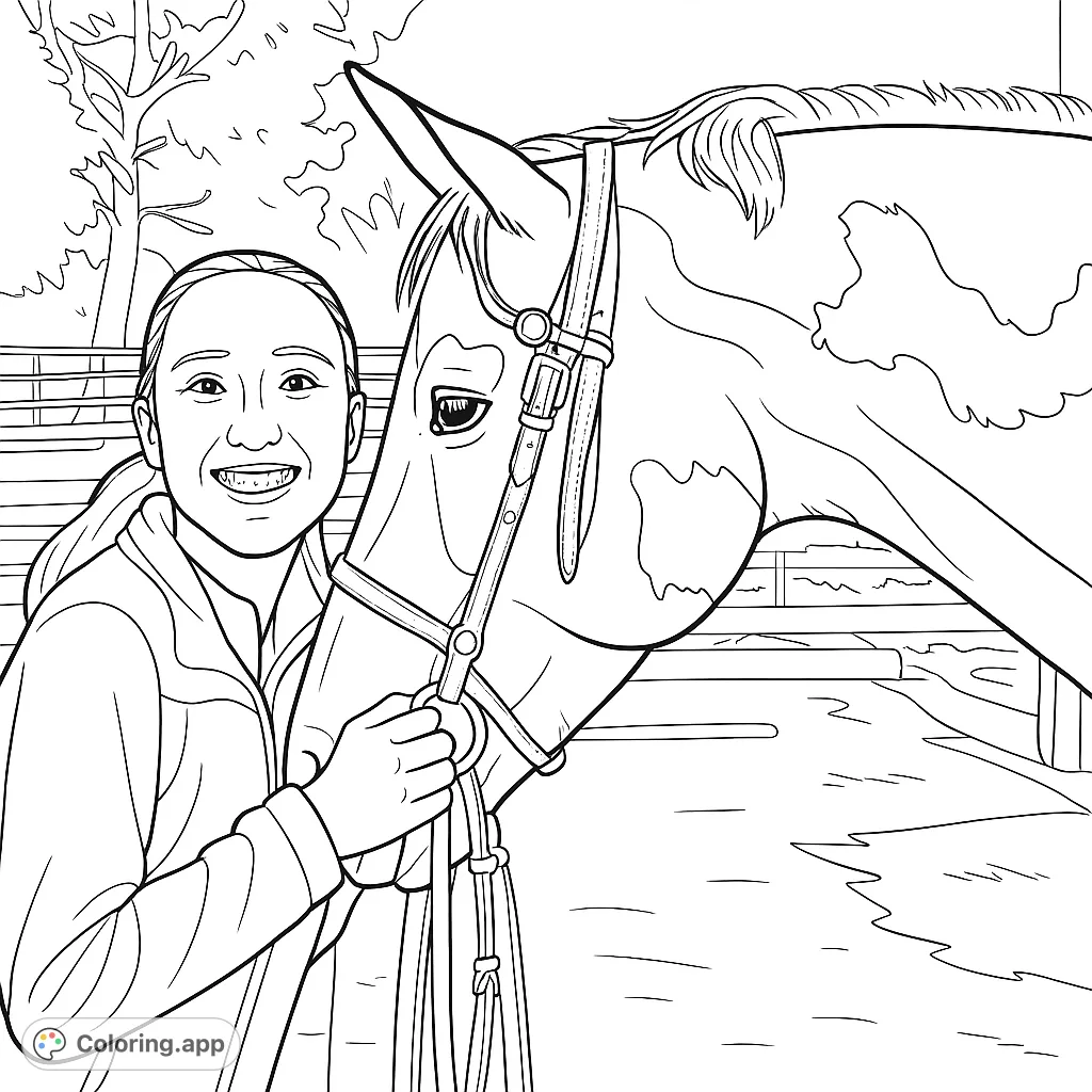 A heartwarming equestrian scene featuring a smiling woman and her horse. Perfect for horse lovers to color and bring to life with unique patterns.