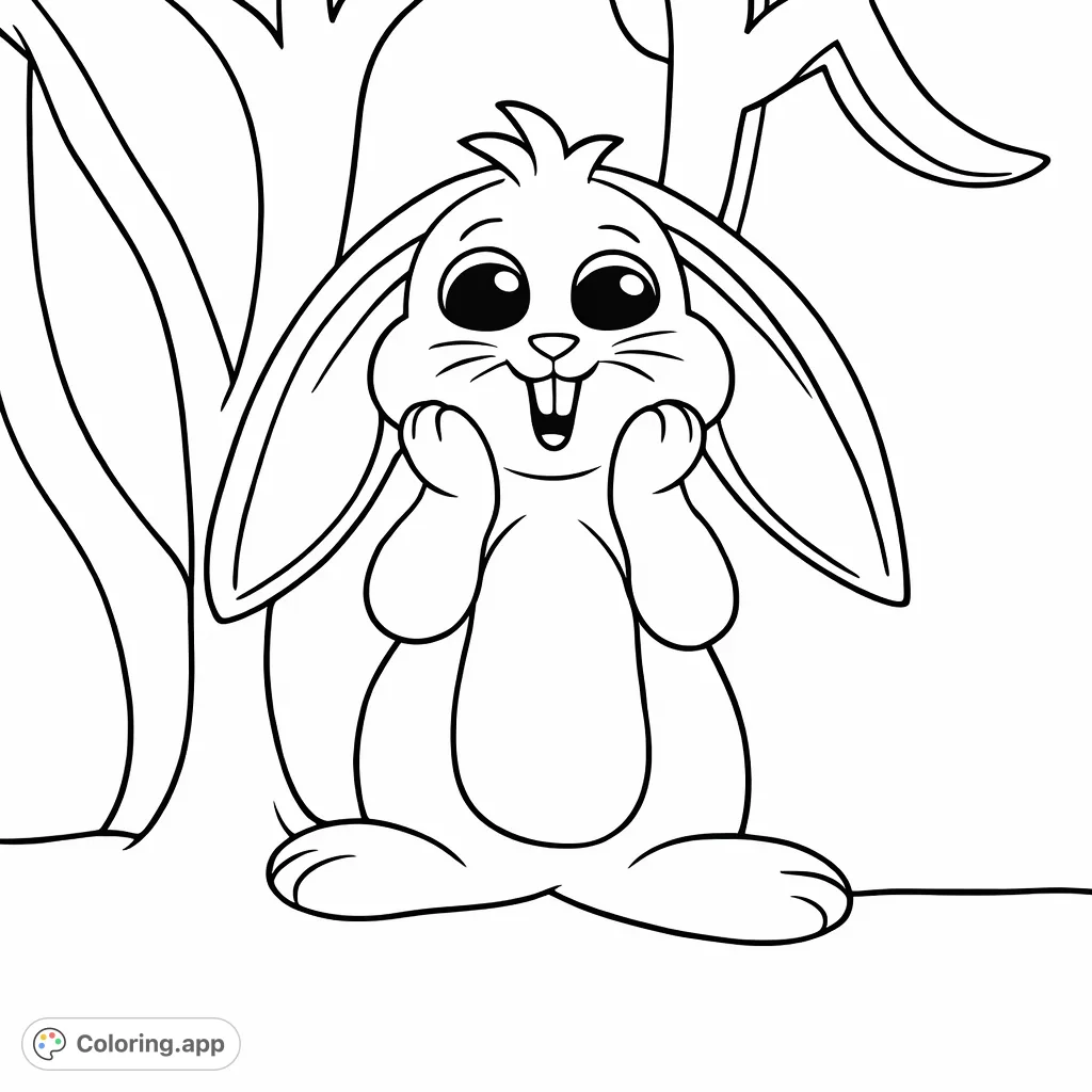 A delightful bunny character with a cheerful expression, sitting amidst tall plant leaves and grassy foreground, offering a charming scene for imaginative coloring fun.
