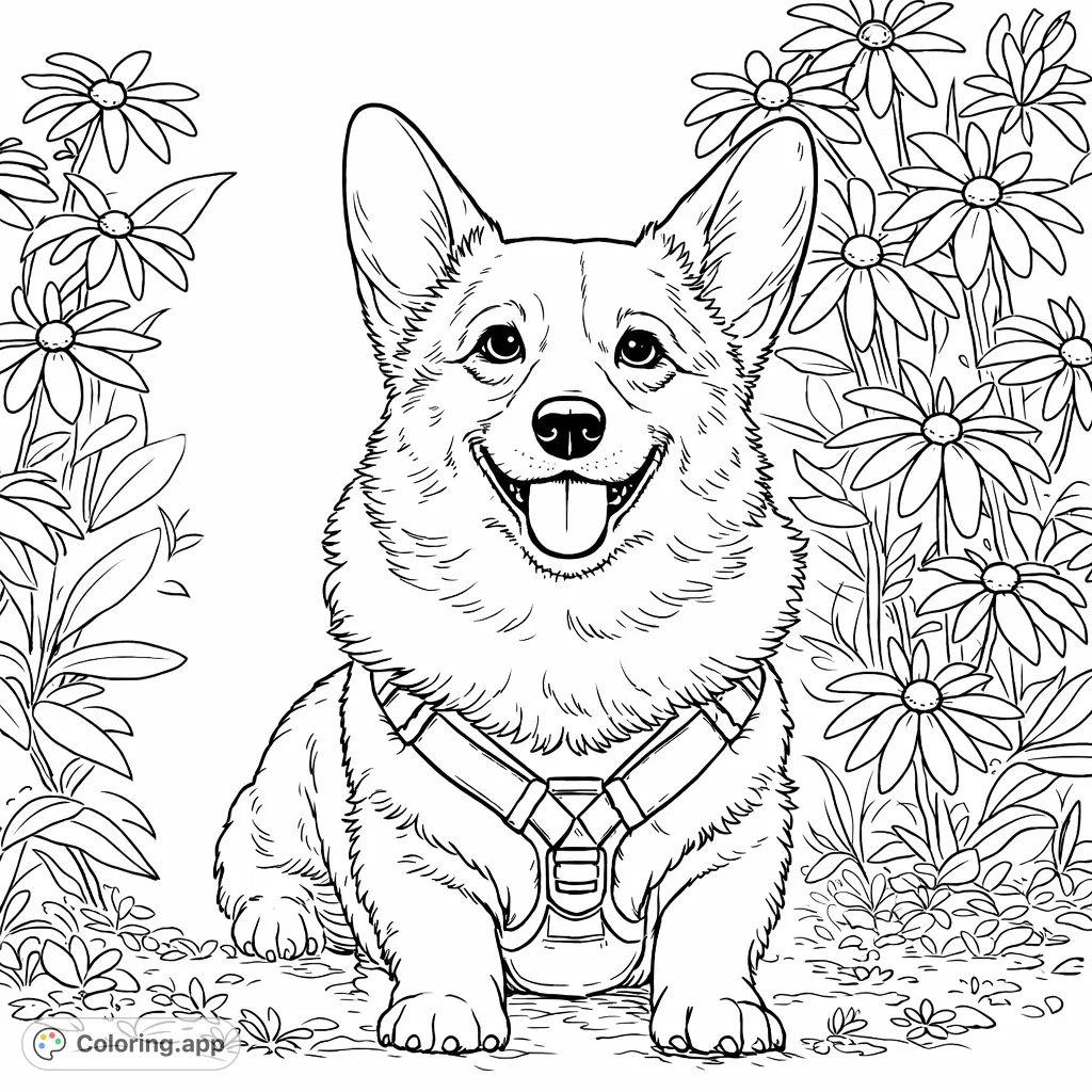 A delightful Corgi with a joyful expression, wearing a harness, nestled among a vibrant cluster of detailed flowers and foliage. A charming animal coloring page.