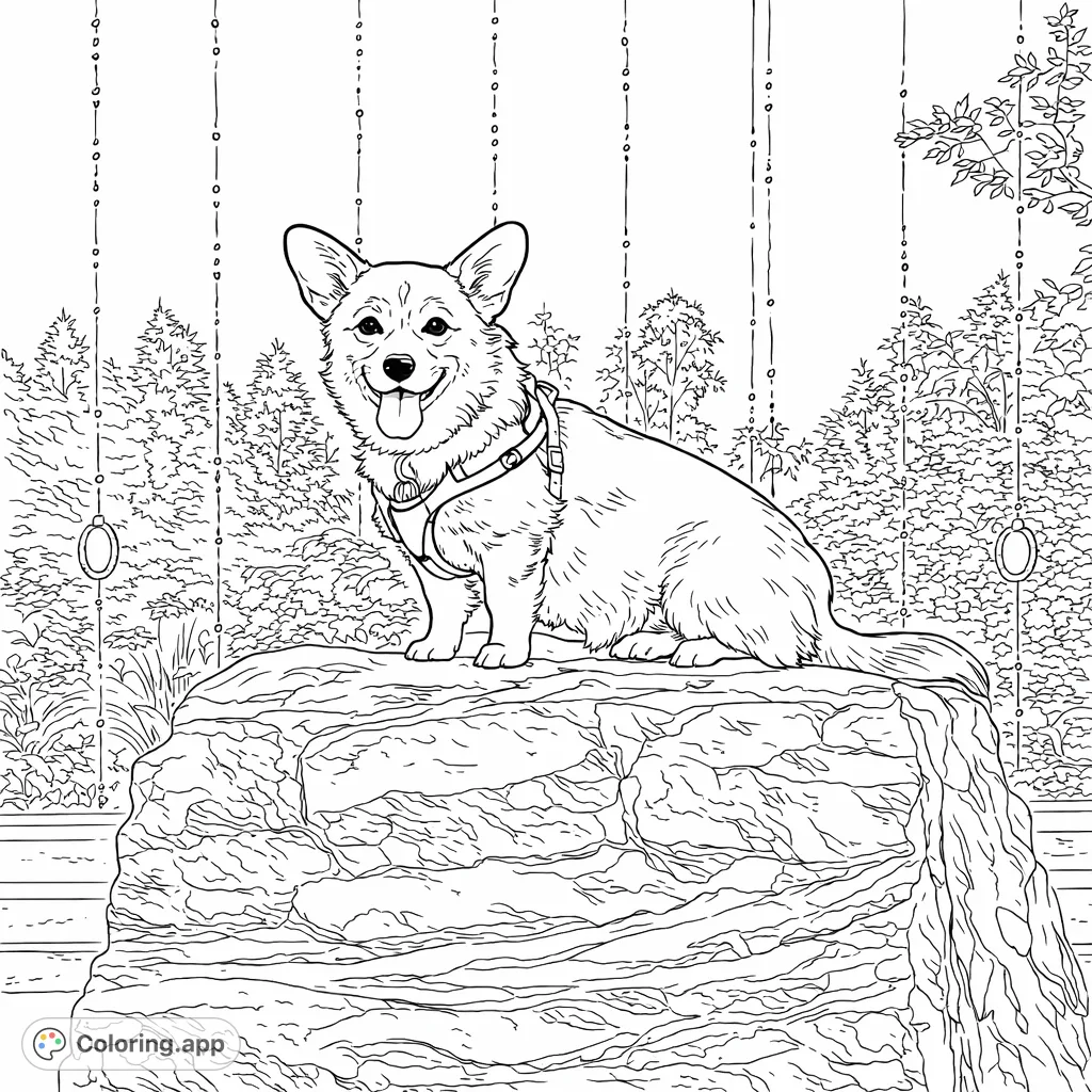 A cheerful corgi dog sits happily on a large, textured rock amidst a lush garden scene. This adorable Corgi coloring page is perfect for all dog lovers!