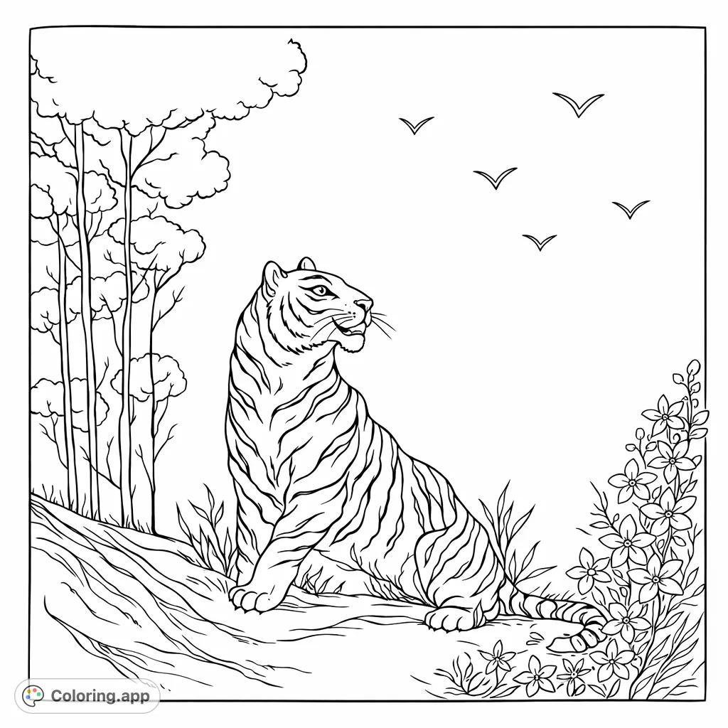 A majestic tiger sits amidst forest flora, with blooming branches and distant trees. A captivating wildlife scene for all ages to color.