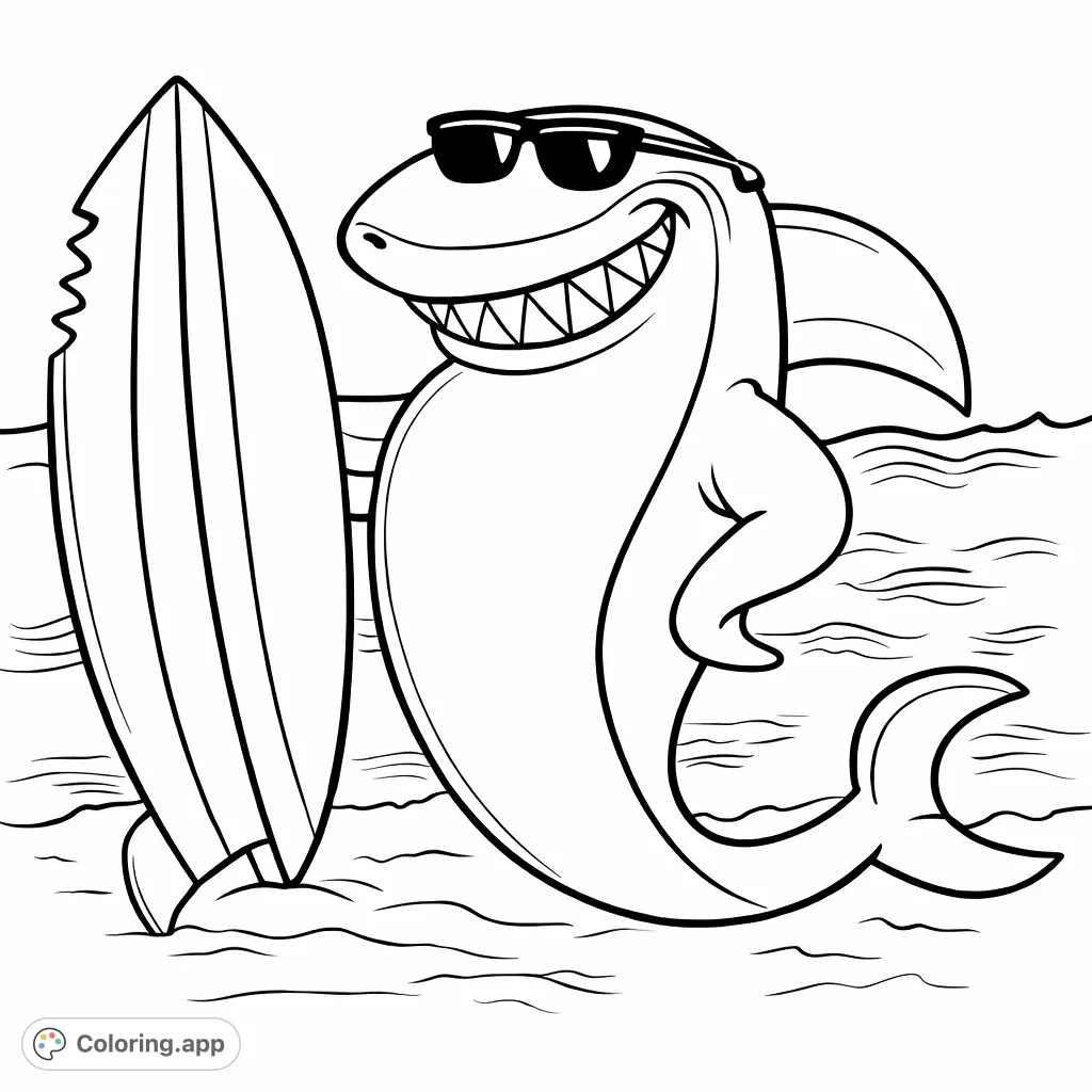 Catch a wave with this cool shark! Sporting sunglasses and a surfboard, this grinning character is ready for a fun beach day adventure, perfect for coloring.