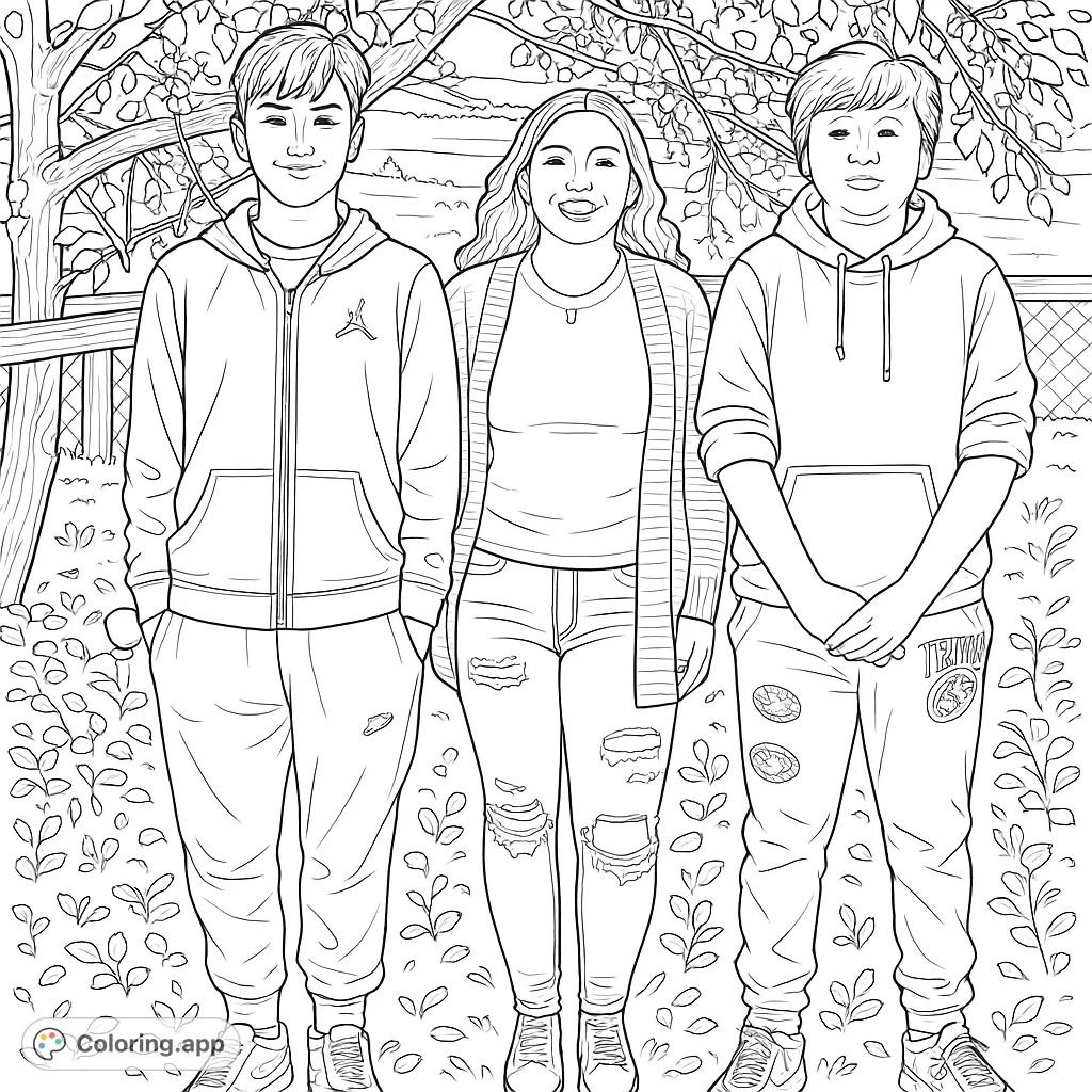 Capture the warmth of an outdoor gathering with this delightful coloring page featuring three smiling individuals amidst a leafy autumn scene, perfect for all ages.