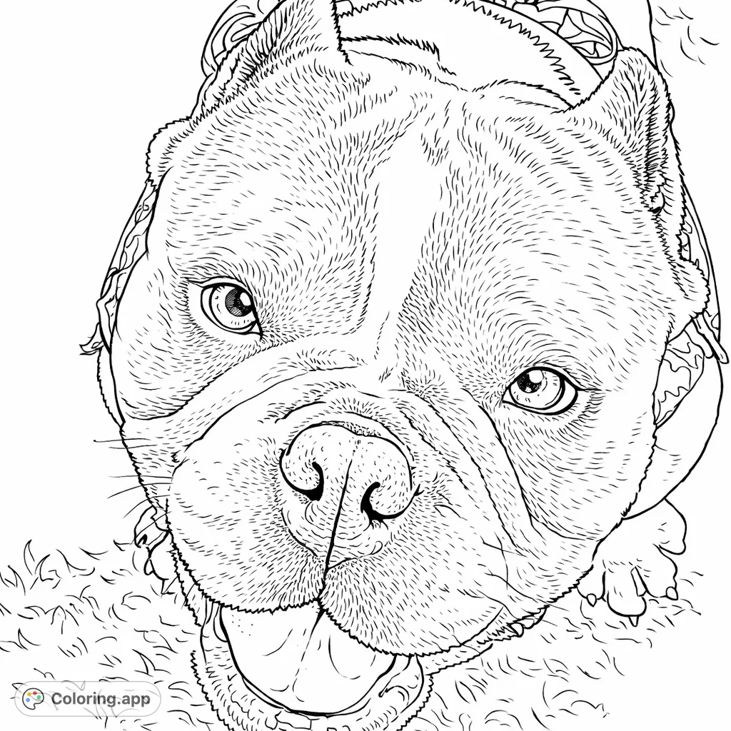 A charming bulldog-type dog gazes upwards, tongue out, with a distinctive patterned collar, set against a textured ground. Perfect for animal lovers to color!