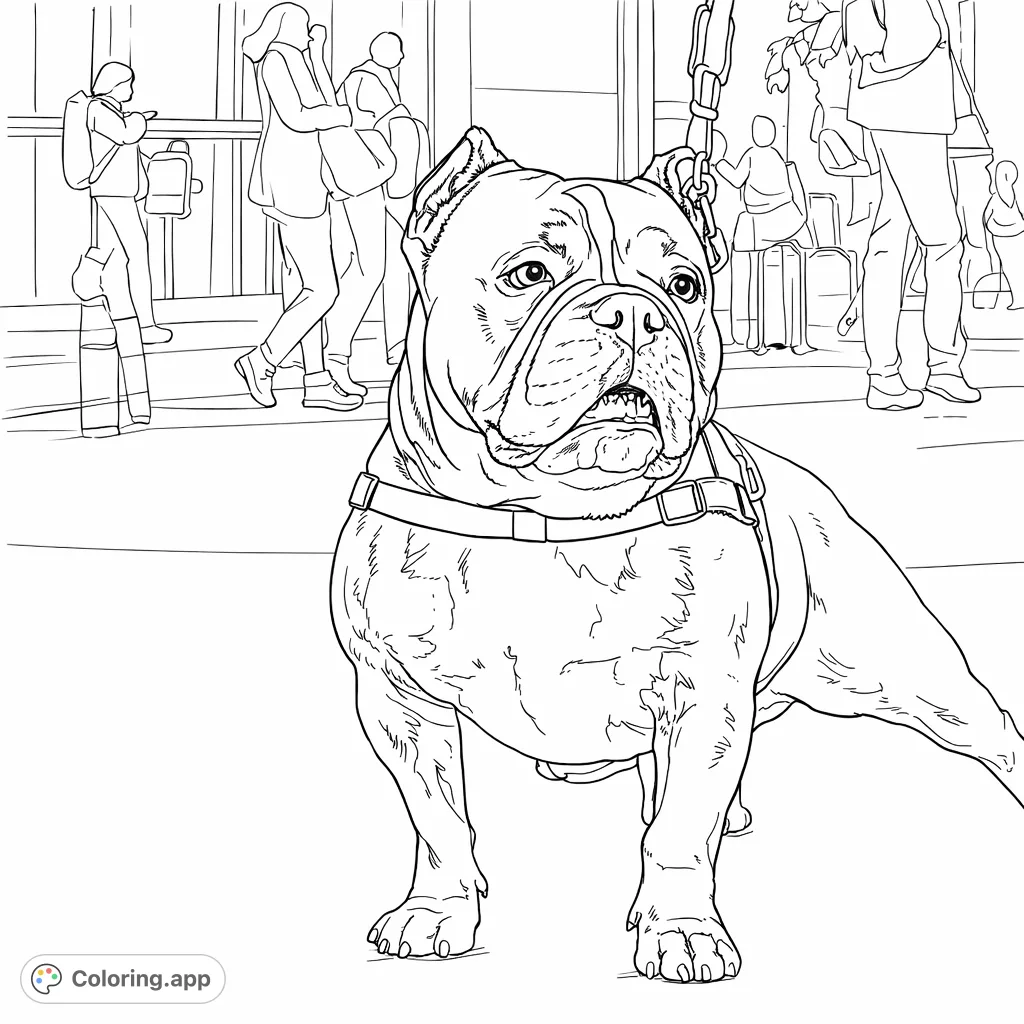 Color a powerful bulldog, poised and alert in a public setting. Features a detailed harness, strong build, and striking facial markings for an engaging coloring experience.
