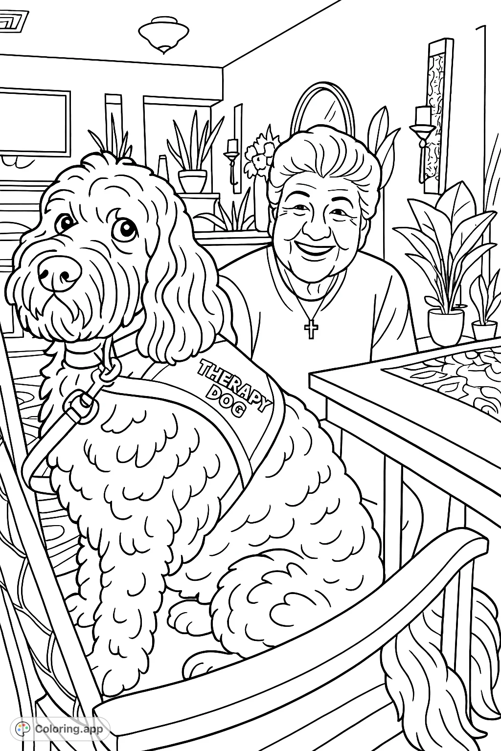 A heartwarming coloring page featuring a smiling woman and her therapy dog in a cozy indoor setting. Perfect for all ages to celebrate companionship and joy.