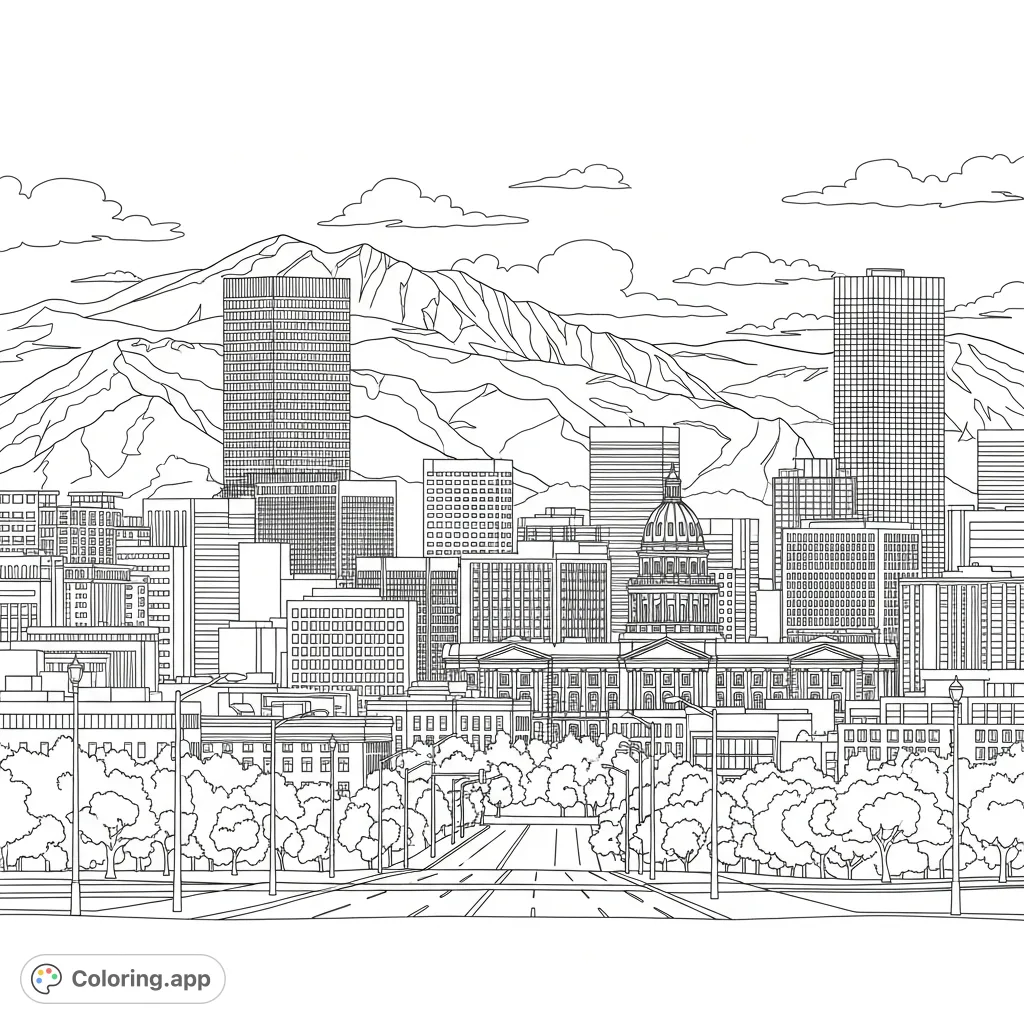 Capture the majestic Denver Colorado skyline against the dramatic Rocky Mountains. This free printable coloring page blends urban architecture with natural beauty.