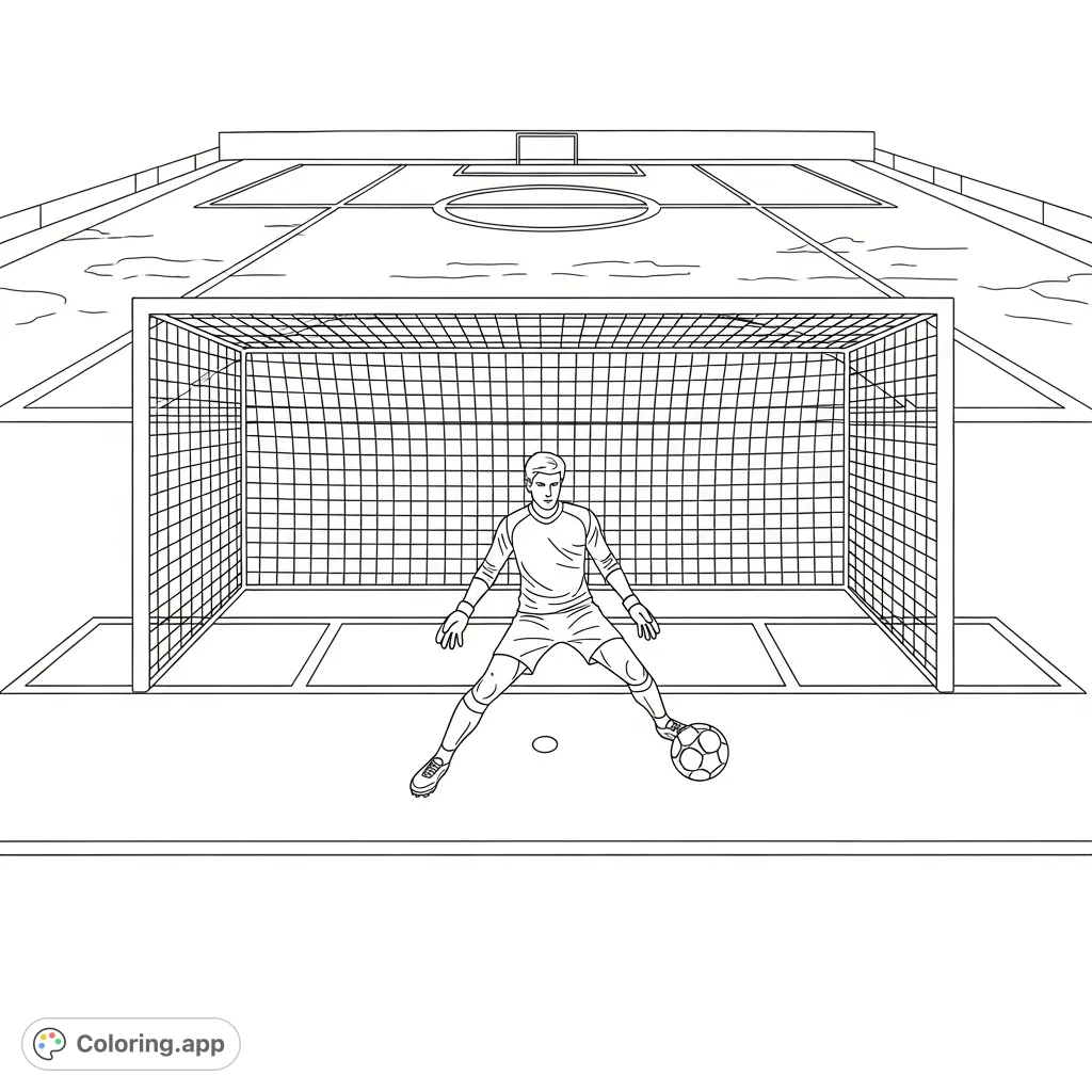 Immerse yourself in the action with this dynamic soccer field coloring page, featuring a detailed goal and an agile goalkeeper in a game-ready pose.