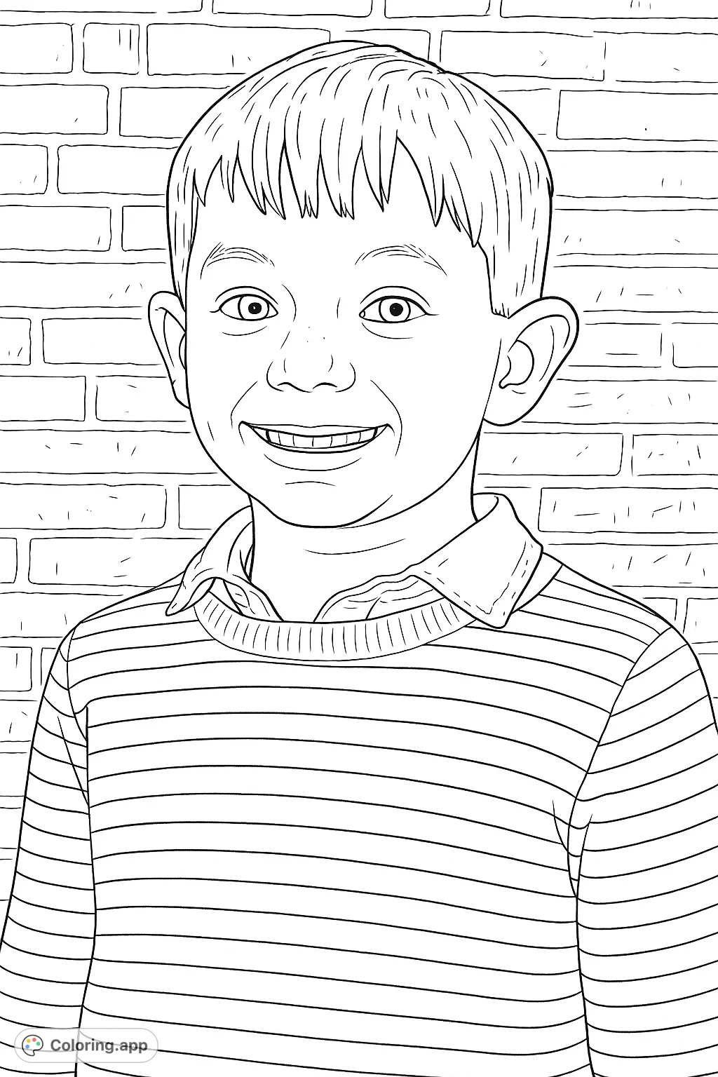 A cheerful young boy in a striped sweater smiles against a textured brick wall. Perfect for a happy boy portrait coloring page for kids and adults.