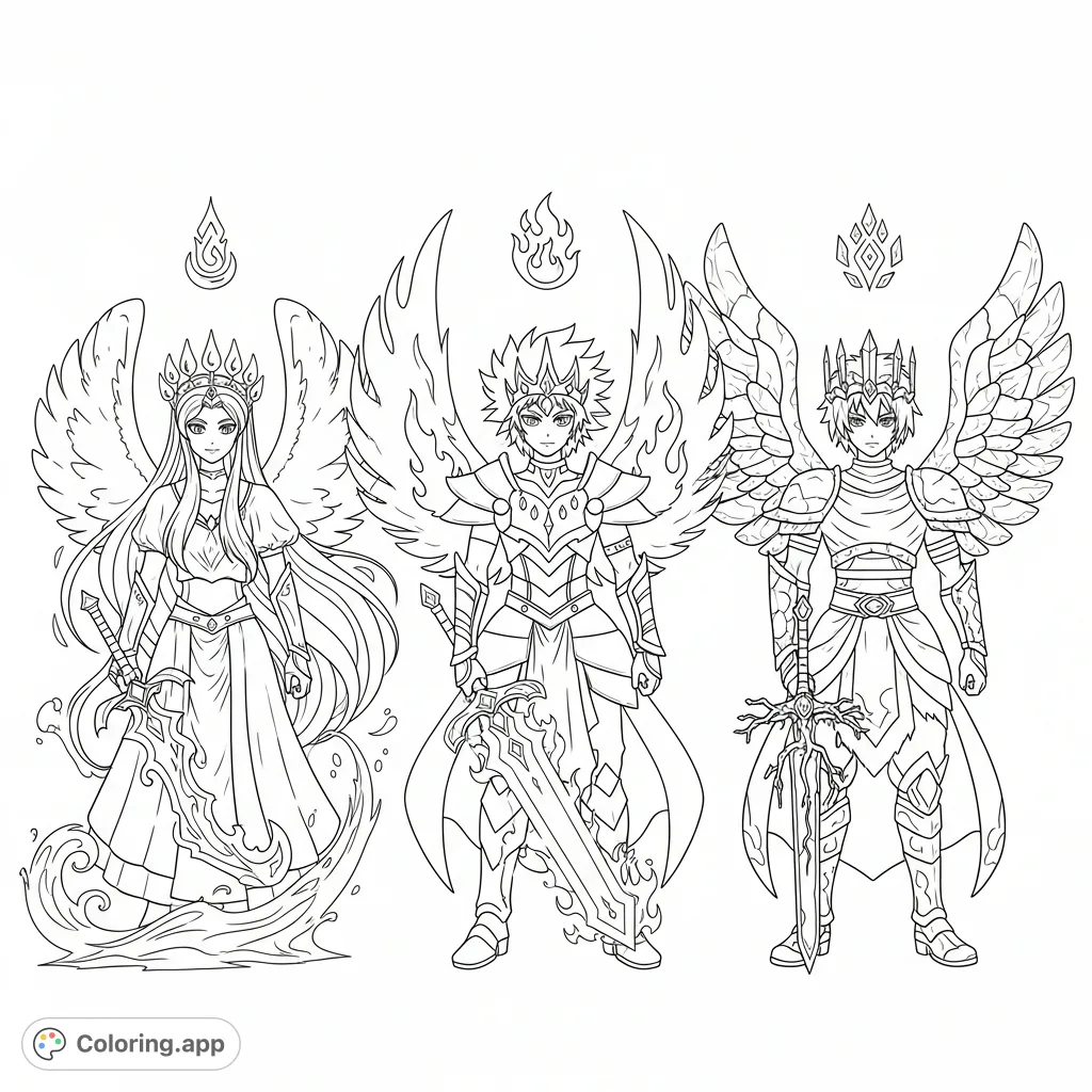 Three majestic anime characters embodying water, fire, and earth, each with wings, a crown, and a sword. Fantasy adventure awaits your colors!
