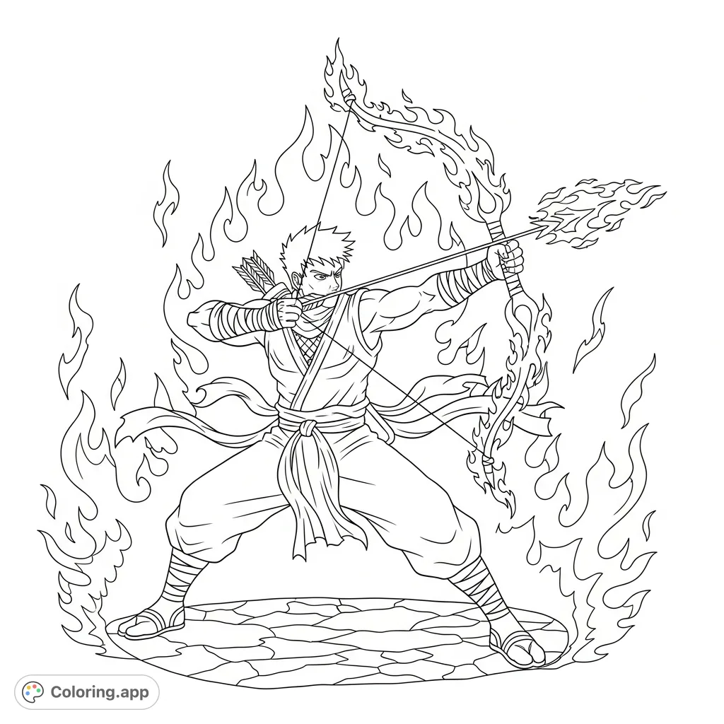 Experience an intense fire elemental warrior in ninja gear, poised with a flaming bow and arrow, surrounded by dynamic elemental energy. An epic fantasy coloring page.