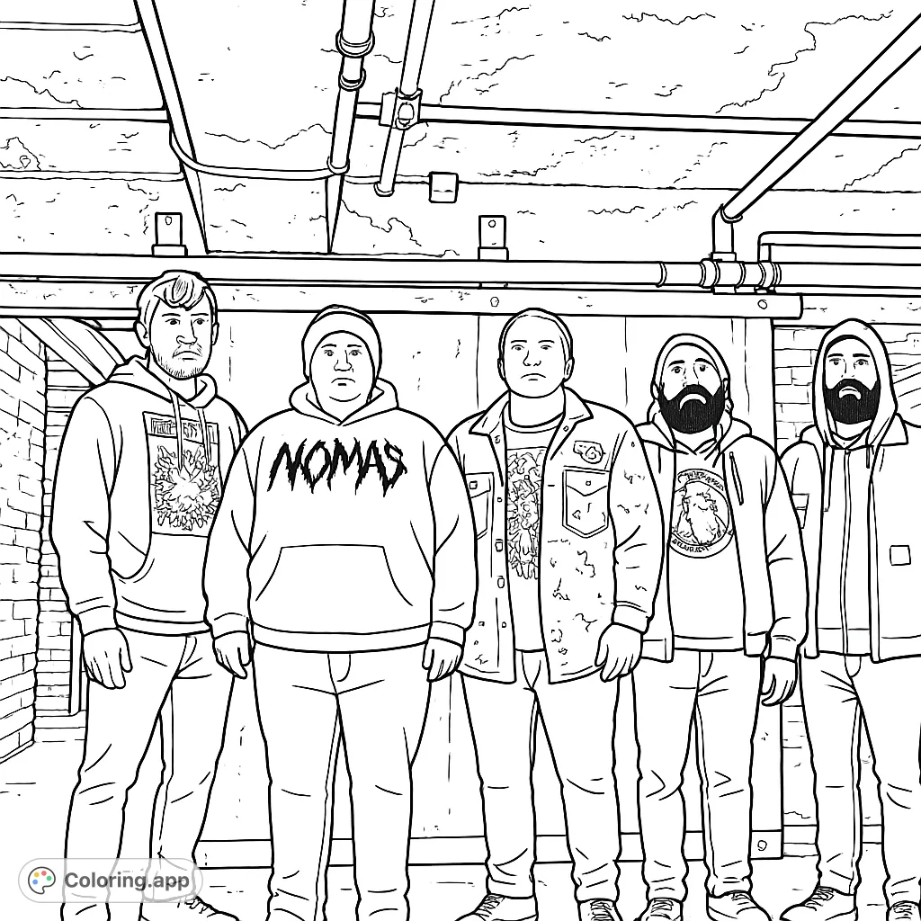 Capture a cool band posing in a raw, industrial backdrop. This cartoony style coloring page offers intricate details for a challenging and rewarding creative experience.