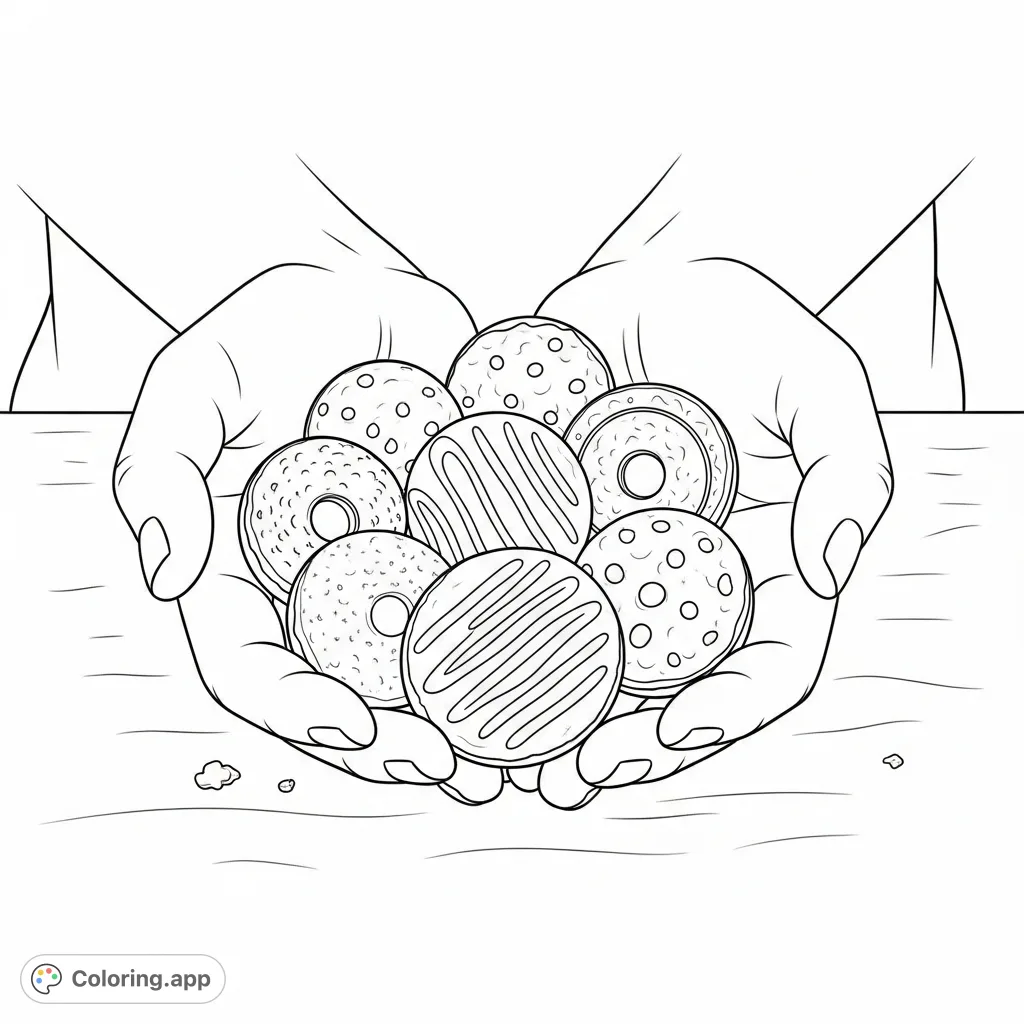 A delightful Girl Scout cookies coloring page featuring a pair of hands gently holding an assortment of iconic Girl Scout cookies, ready to be colored.