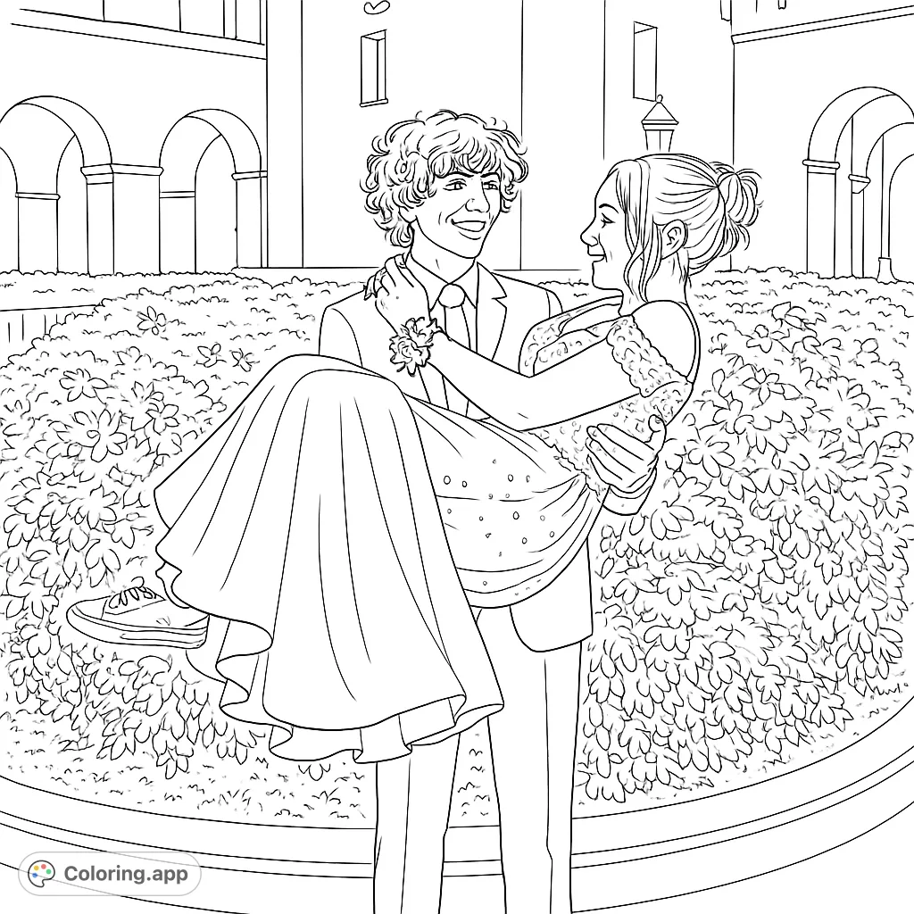 A charming prom couple captured in a loving embrace, the perfect scene for a memorable formal dance coloring page. Intricate details await your creative touch.
