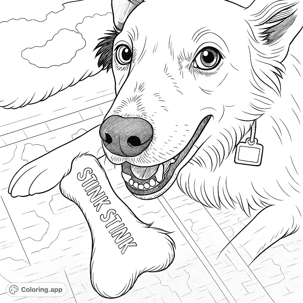 A detailed dog coloring page featuring a speckled canine with its bone-shaped toy on a patterned rug. Perfect for animal lovers and detailed coloring fun.