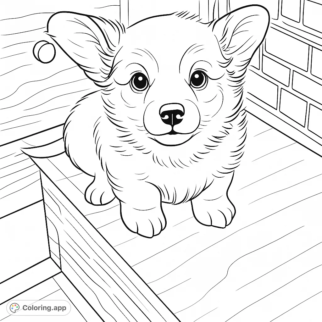 Color this adorable fluffy puppy with big ears and expressive eyes sitting on a flat surface. Perfect for animal lovers of all ages.
