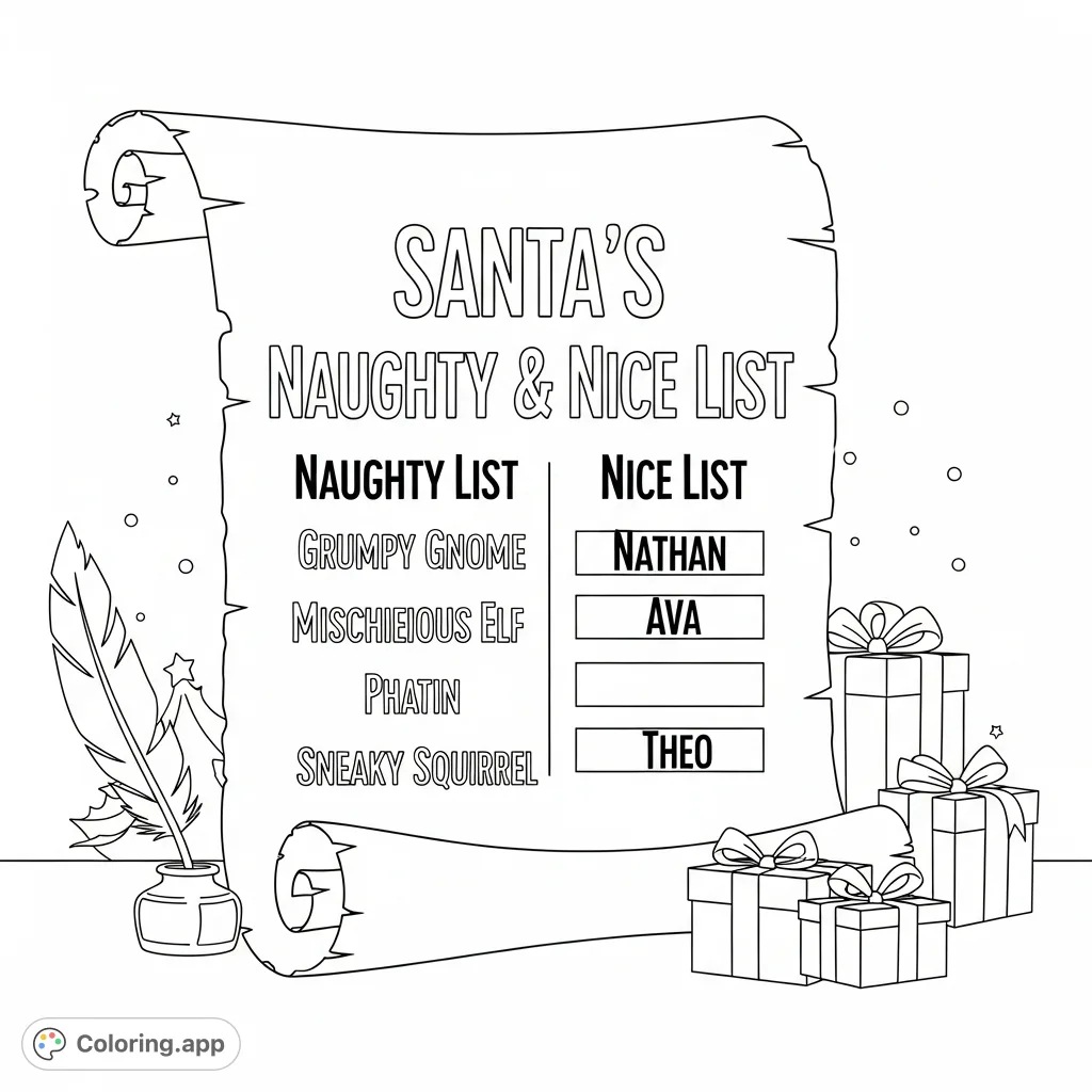 Discover Santa's iconic Naughty & Nice List! A festive scroll featuring specific names and playful elements, perfect for holiday coloring fun.