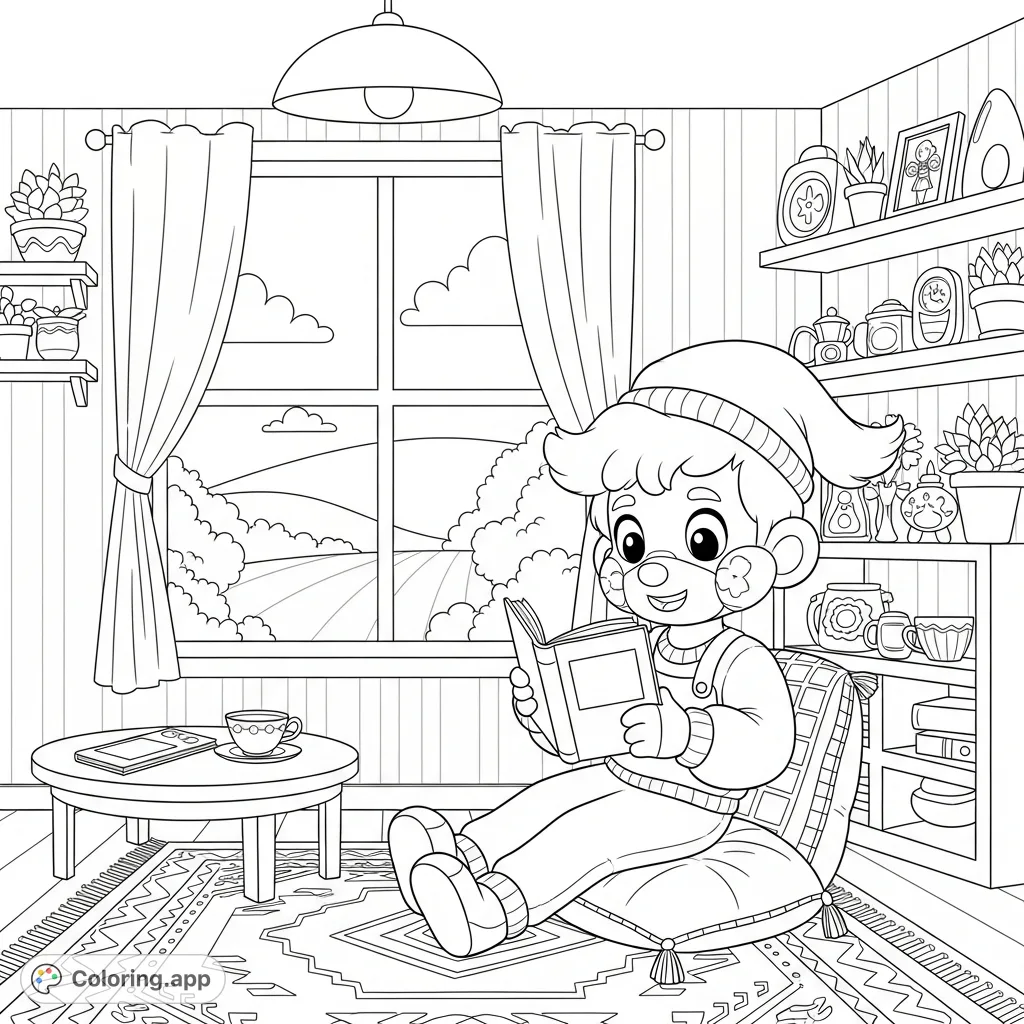 A delightful Coco Wyo coloring page showcasing the character enjoying a book in a charming, detail-rich room. Perfect for creative relaxation and fun!