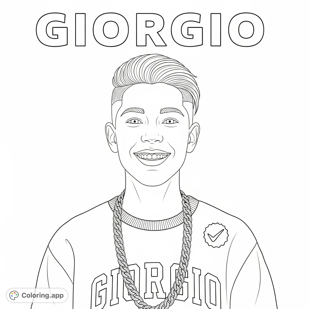 Capture a confident youth with a sleek haircut, stylish crew-neck, and a textured chain, all beneath the prominent 'GIORGIO' text.