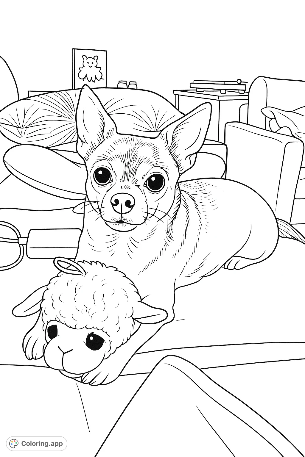 A sweet small dog with a plush lamb toy, lying comfortably on a soft surface. A charming scene for pet lovers to color and bring to life.