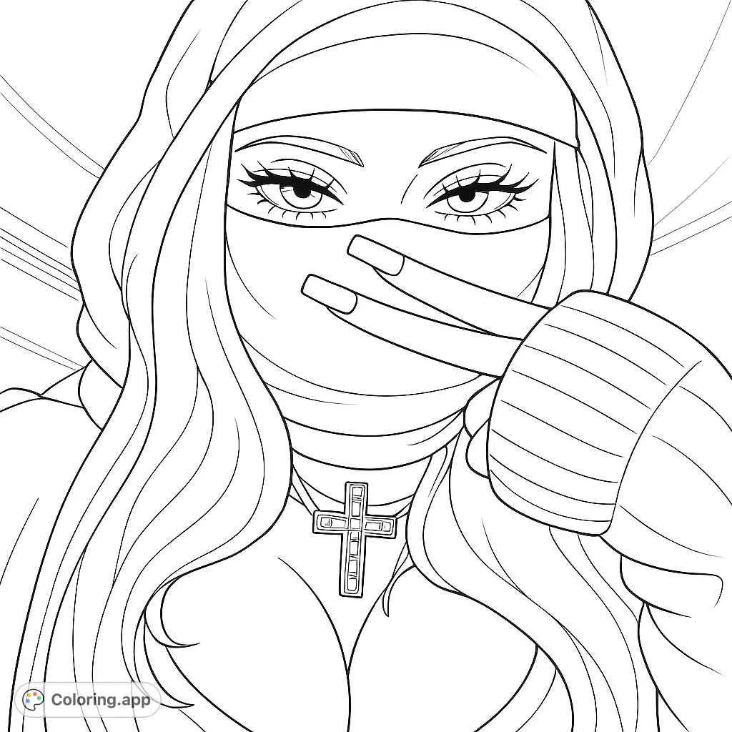 A stylish hooded figure makes a peace sign, revealing striking eyes and a prominent cross necklace. Perfect for urban fashion and anime fans.