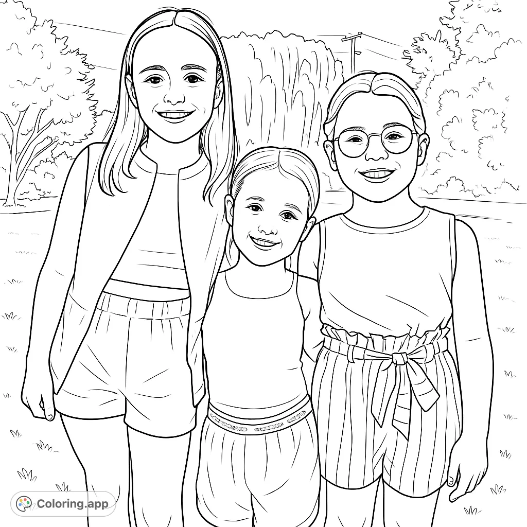 A heartwarming free printable three girls coloring page, depicting three smiling children in an outdoor setting, perfect for bringing vibrant hues to life.
