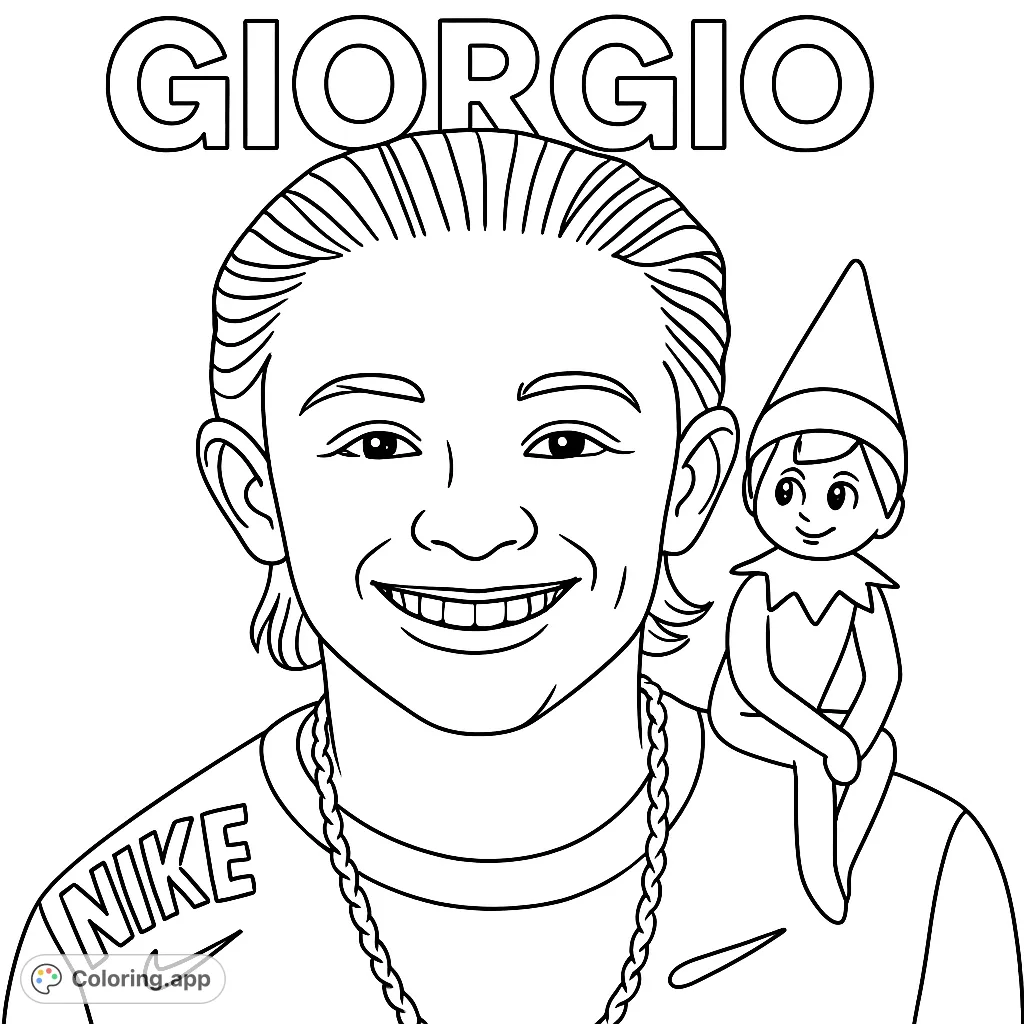 A charming coloring page featuring Giorgio, a smiling young person with a distinctive haircut and chain, accompanied by a friendly Elf on the shelf perched on their shoulder.