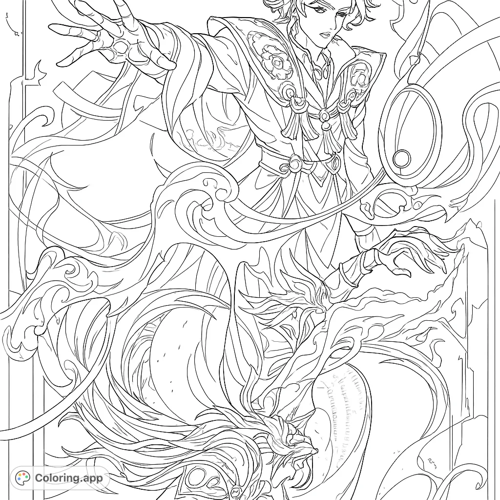 Experience the intricate beauty of two mystical figures, one inverted, surrounded by swirling energy and elegant forms. A challenging design for focused coloring.