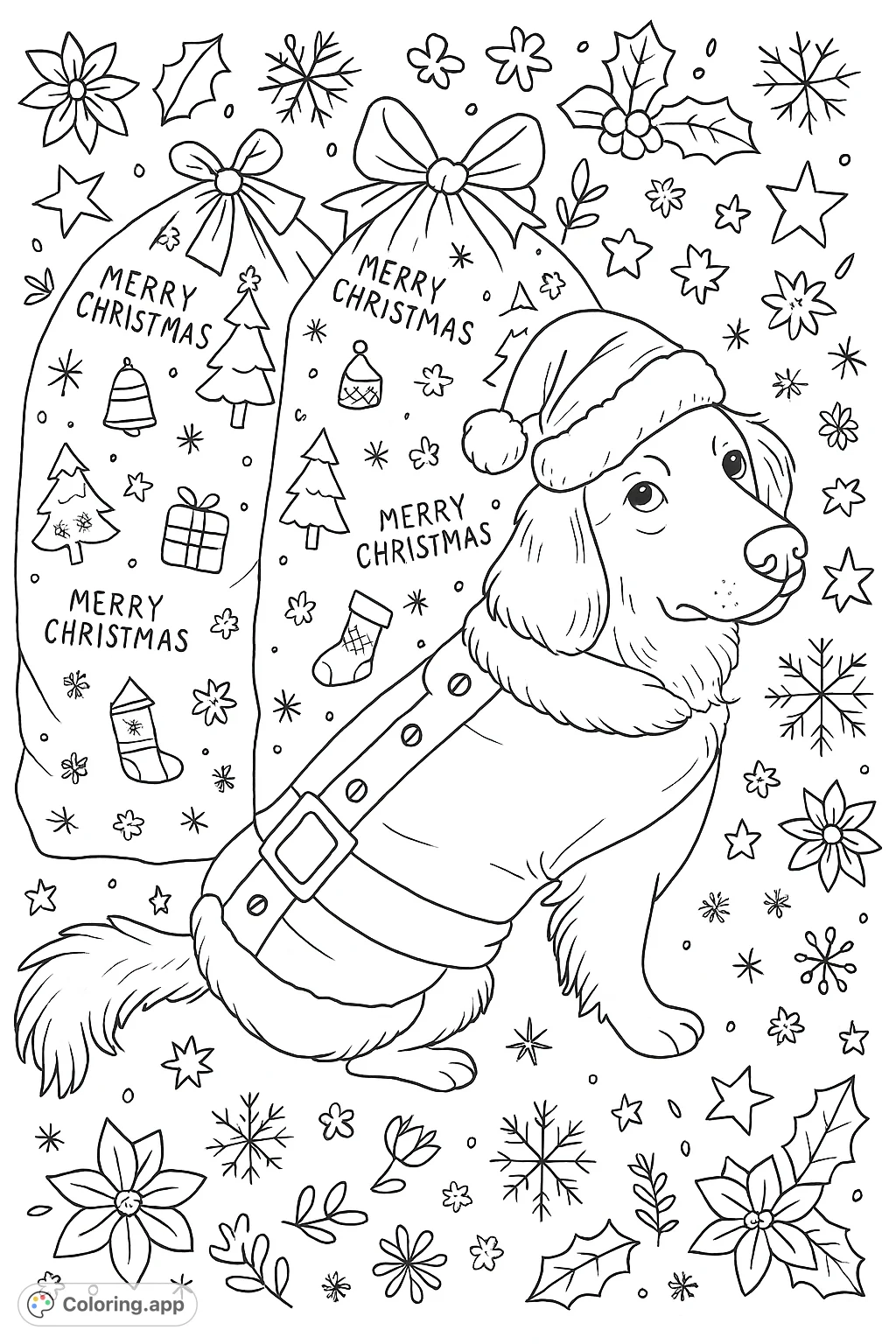 A delightful golden retriever in a charming Santa costume, surrounded by a festive pile of holiday gifts. Perfect for seasonal fun!