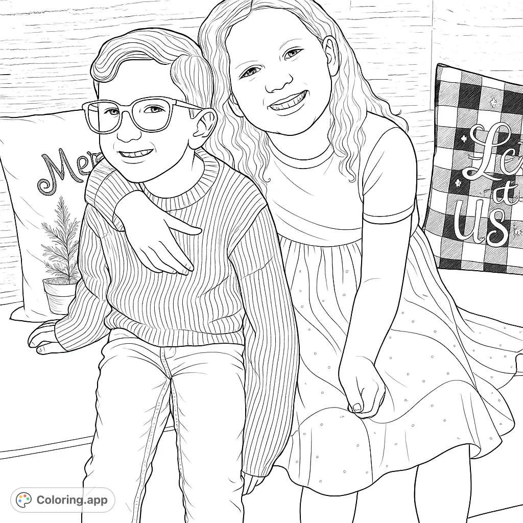 Capture the joy of siblings sharing a moment, surrounded by festive decorations. This family portrait coloring page offers heartwarming fun for all ages.