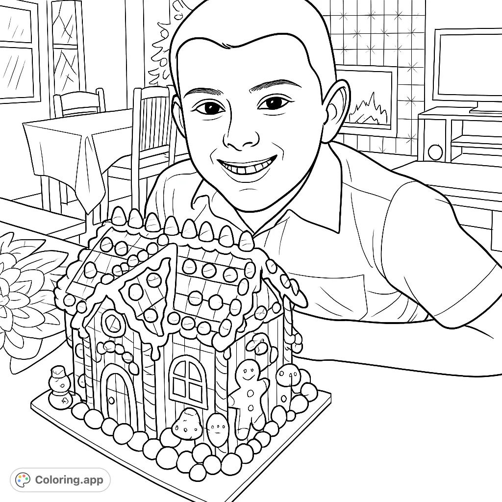 A cheerful boy proudly poses with a beautifully decorated gingerbread house, complete with intricate icing, candies, and gingerbread figures. A delightful festive scene.