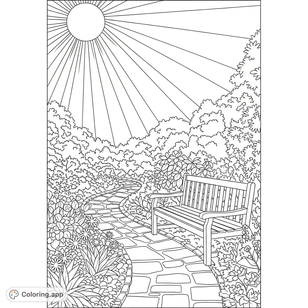 Explore a beautiful garden featuring a winding path, a cozy bench, and a radiant sun. A perfect nature coloring page for relaxation and creativity.