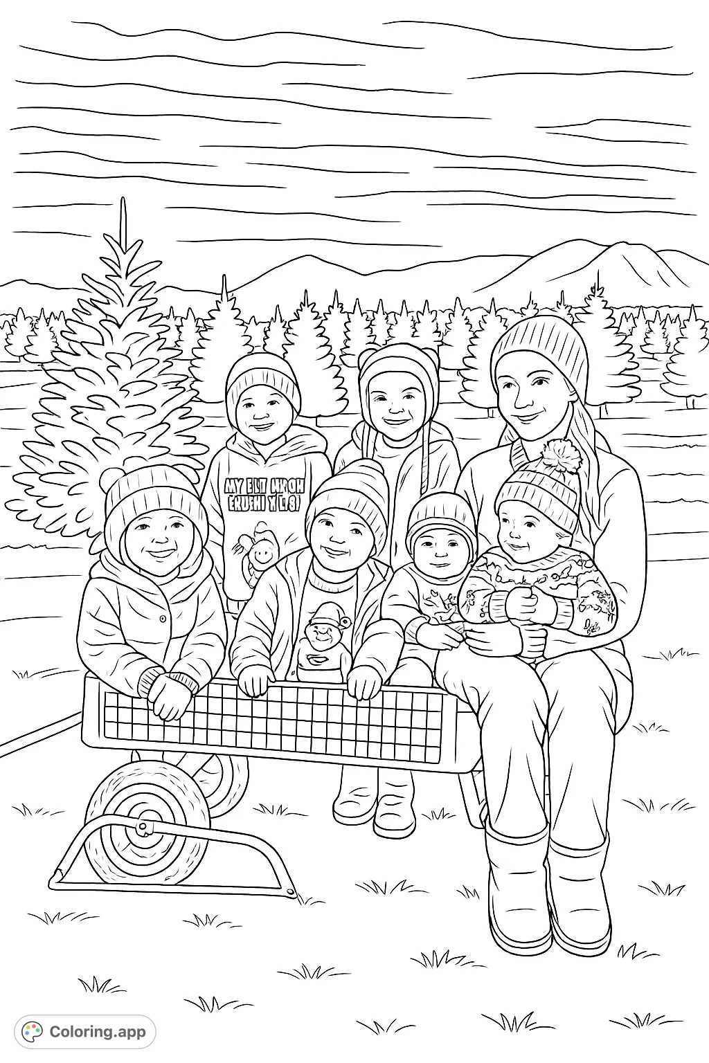 Capture the warmth of a family outing at a winter tree farm with this detailed coloring page, featuring six happy individuals in cozy attire.