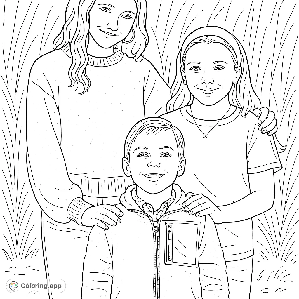A heartwarming coloring page featuring three smiling children posing together against a backdrop of tall grasses. Capture their joyful expressions and connection.