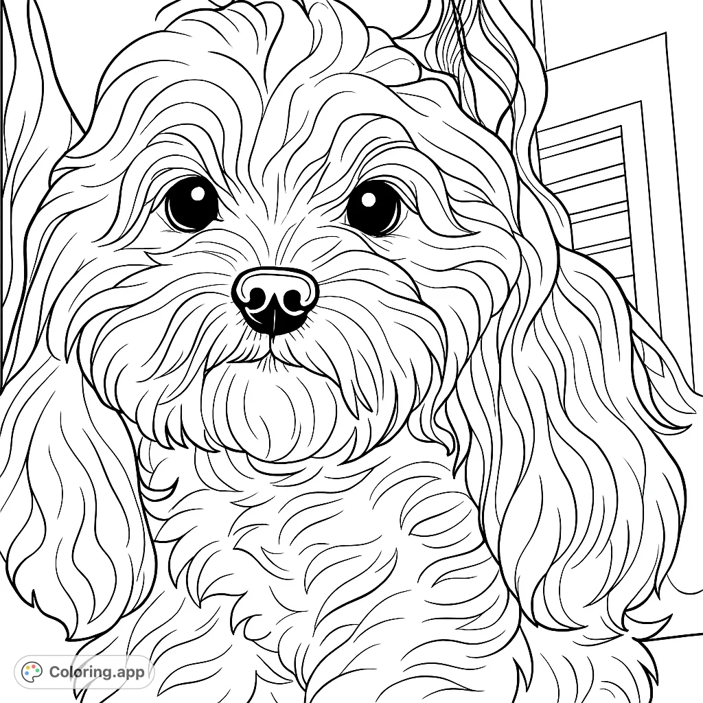 Color this charming fluffy puppy with expressive eyes and a sweet face. Perfect for dog lovers to explore texture and shading in its dense fur.
