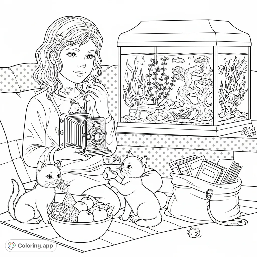 A charming nostalgic scene featuring a girl, two playful kittens, an old-fashioned camera, and a vibrant fish tank, all set in a cozy room.