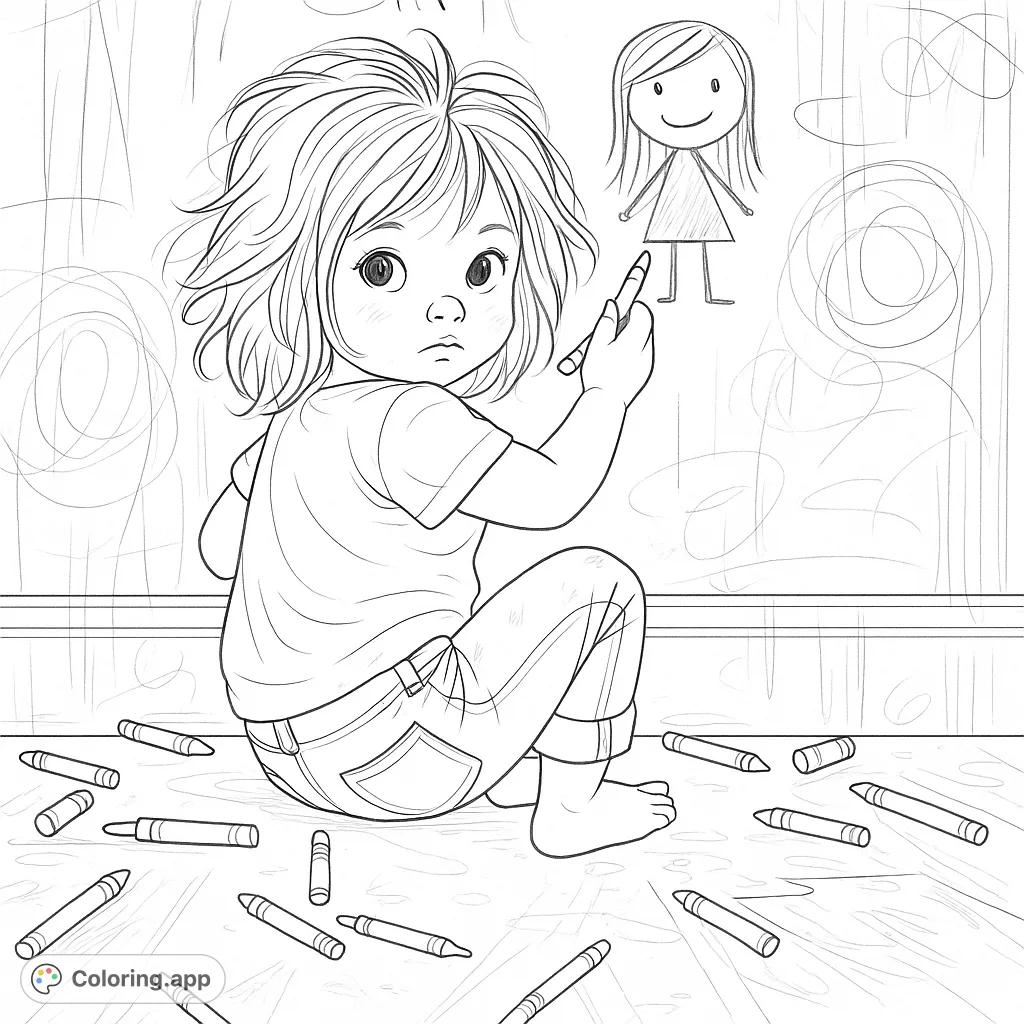 A delightful scene of a small child creating a masterpiece on a wall, surrounded by drawing tools and scribbles. A charming and engaging coloring page for all ages.