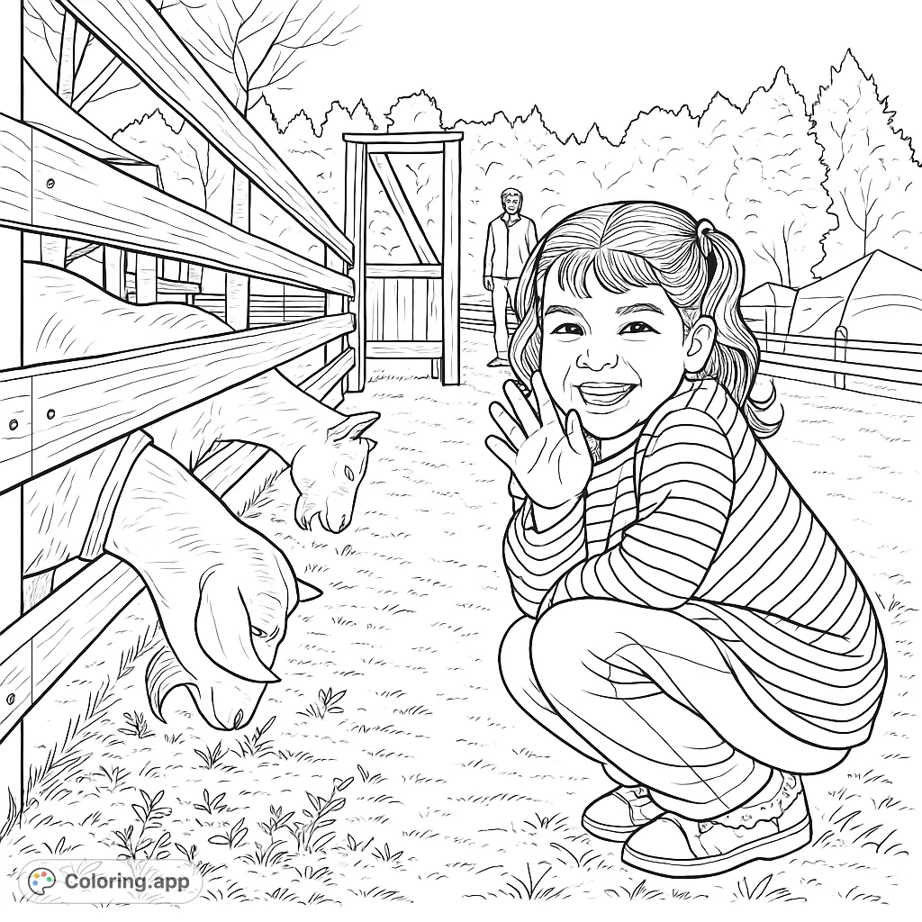 A happy child waves while two friendly goats graze by a rustic wooden fence. A delightful farm animal coloring page for young artists.