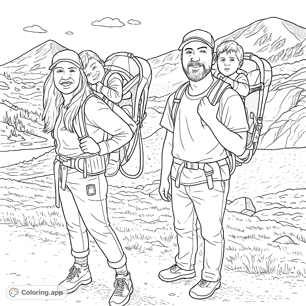 Embark on a family mountain hiking adventure! This detailed coloring page features two adults carrying children in carriers amidst a rugged landscape.