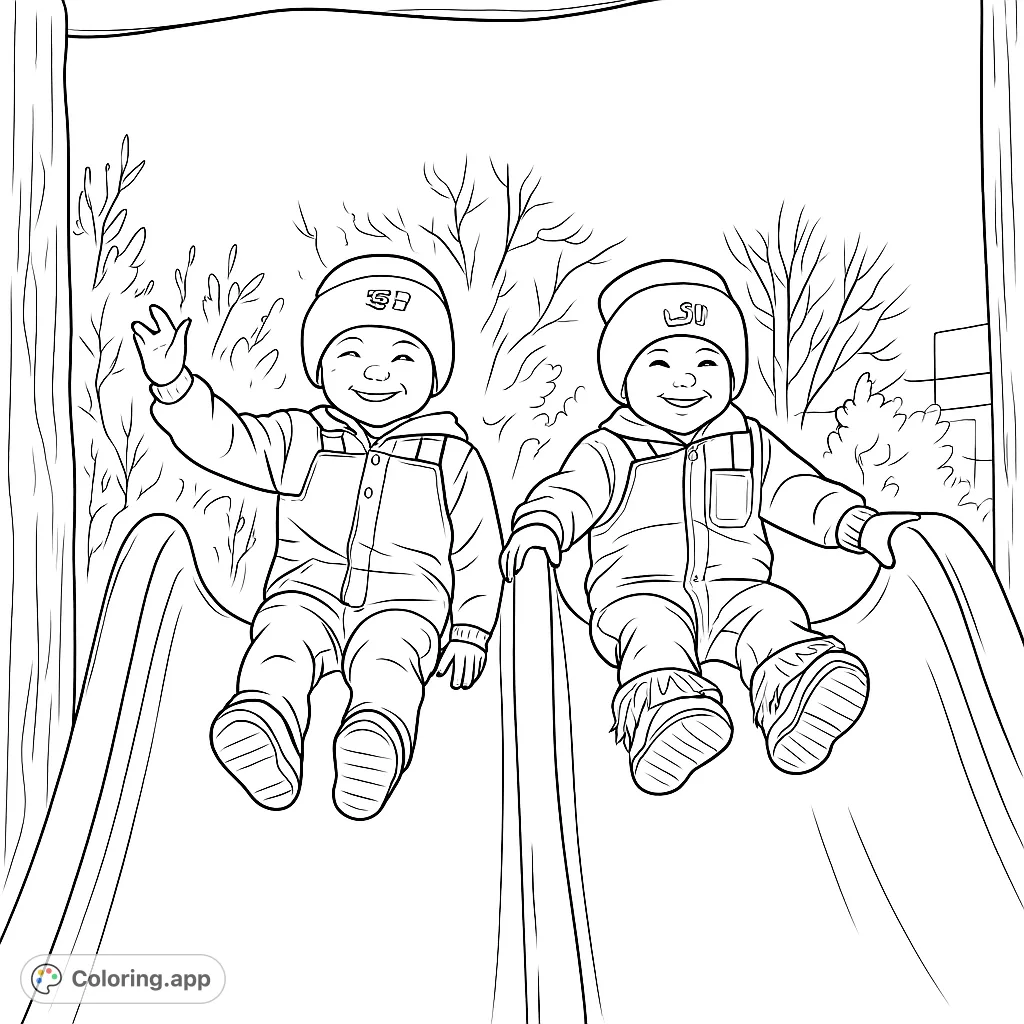 Two cheerful toddlers are ready for fun on a playground slide, waving and smiling. A delightful kids coloring page, perfect for young adventurers!