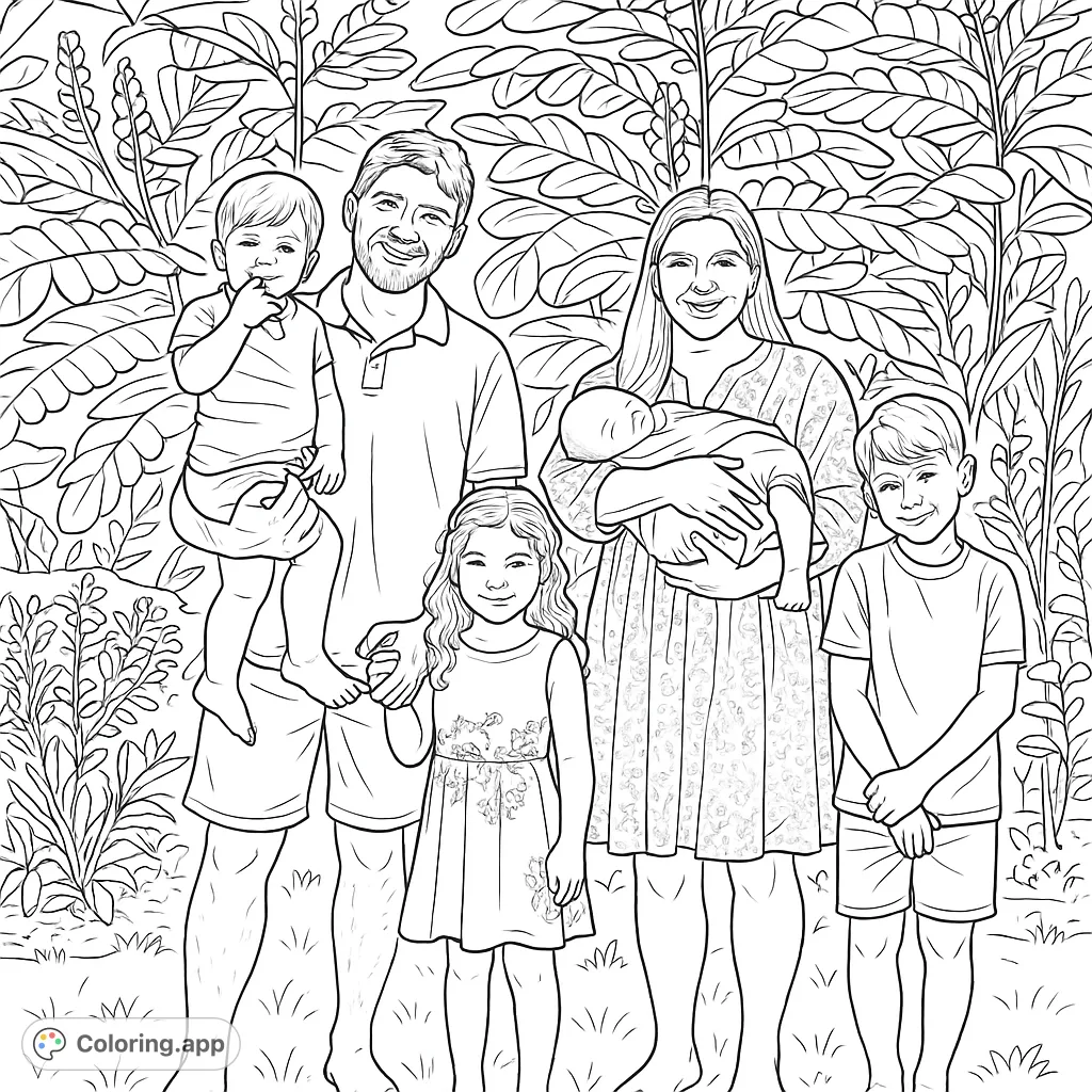 A heartwarming family portrait featuring two parents and their three children in a lush garden setting, including a newborn.
